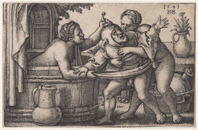 Women and Fool in the Bathhouse, 1541, copperplate engraving, II. Condition, sheet 4.5 x 6.9 cm, O. r., dated and monogrammed: 1541, HSB [lig.], Sebald Beham, Nürnberg 1500–1550 Frankfurt a.M.