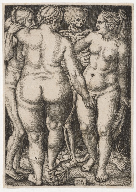 Three Women and Death, c. 1546/50, copperplate engraving, II. Condition, folia: 8 x 5.7 cm, signed monogram: HSB [lig.], Sebald Beham, Nürnberg 1500–1550 Frankfurt a.M.