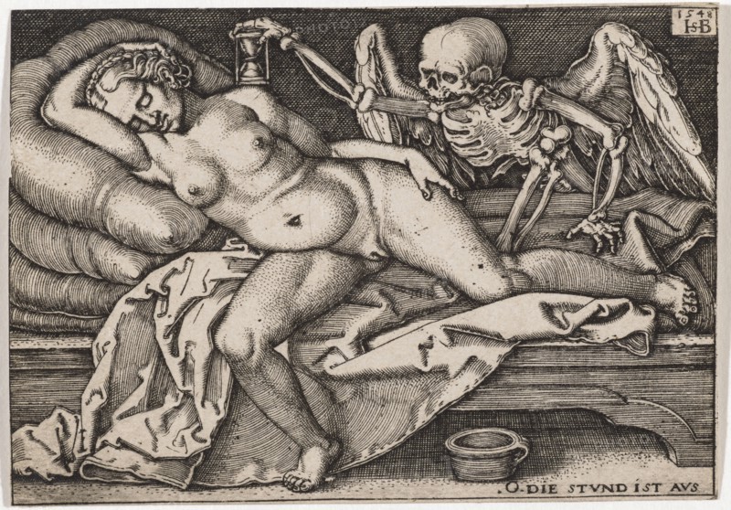Sleeping Girl and Death, 1548, copperplate engraving, I. Condition, folio: 5.6 x 8.1 cm, O. r., dated and monogrammed: 1548, HSB [lig.], u, ., r., denoted: O THE STVND IS AVS, Sebald Beham, Nürnberg 1500–1550 Frankfurt a.M.