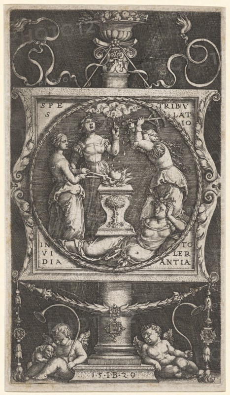 Heartforge, 1529, copperplate, sheet: 15.3 x 8.7 cm |, Plate: 15 x 8.6 cm, next to the image field o. L., designation: SPE, S, next to the image field o. r., designated: TRIBV, LAT, IO, next to the image field u., l, ., designated: IN, VI, DIA, next to the image field u., r., designated: TO, LER, ANTIA, u, ., Dated and monogrammed: 15 I B 29, Meister I.B. (Georg Pencz?), tätig 1521–1530, Georg Pencz, (?), Nürnberg um 1500–1550 Leipzig