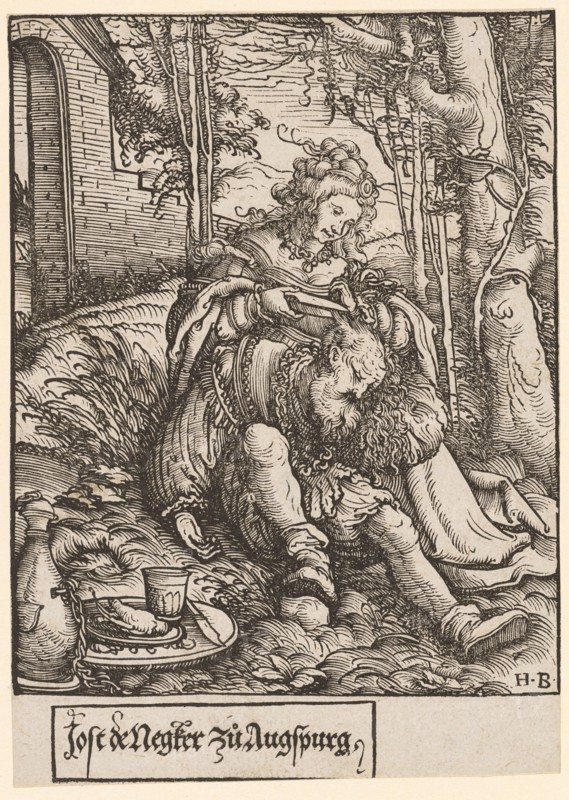 Samson and Dalila, woodcut, sheet: 13.4 x 9.5 cm (with writing) |, Picture: 11.8 x 9.5 cm, U. r., monogrammed: H.B, inscribed under the picture: Jost de Negker zu Augspurg, Hans Burgkmair d. Ä., Augsburg 1473–1531 Augsburg