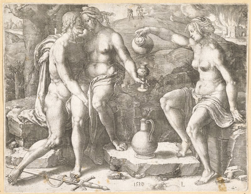 Lot and his daughters, 1530, copperplate engraving, IV. Condition, plate: 18.9 x 24.4 cm |, Sheet: 19.1 x 24.5 cm, U.M. dated: 1530, u, ., M. r., monogrammed: L, Lucas van Leyden, Leiden 1494 (?) –1533 Leiden