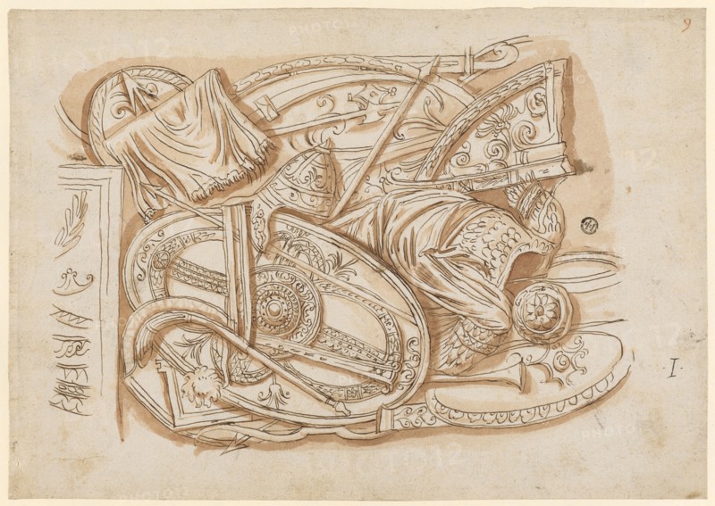 Relief with weapons trophies from the base of Trajan's Column, 1541-1547, feather in brown, red-brown washed, sheet: 21.1 x 30.4 cm, U. r., designated: I, o. r., numbered with red chalk: 9, Frans Floris de Vriendt I., Antwerpen 1519/20–1570 Antwerpen