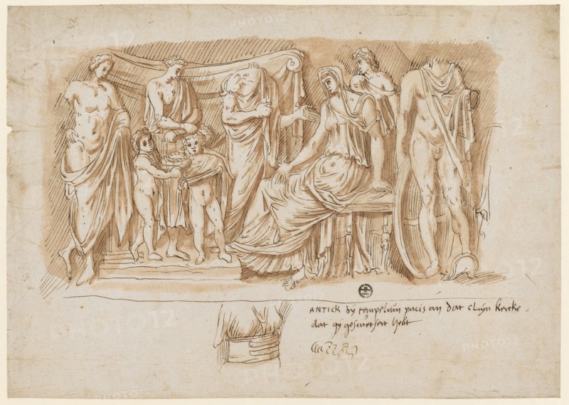 Relief of a Medea Sarcophagus, 1541/47, feather in brown, red-brown washed, Journal: 21.1 x 29.8 cm, U. r., marked: ANTICK bij tempelum pacis to dat cleijn kercke, dat gij checked, verso o. l .: R, u, ., l, ., numbered with red chalk: 91, Frans Floris de Vriendt I., Antwerpen 1519/20–1570 Antwerpen