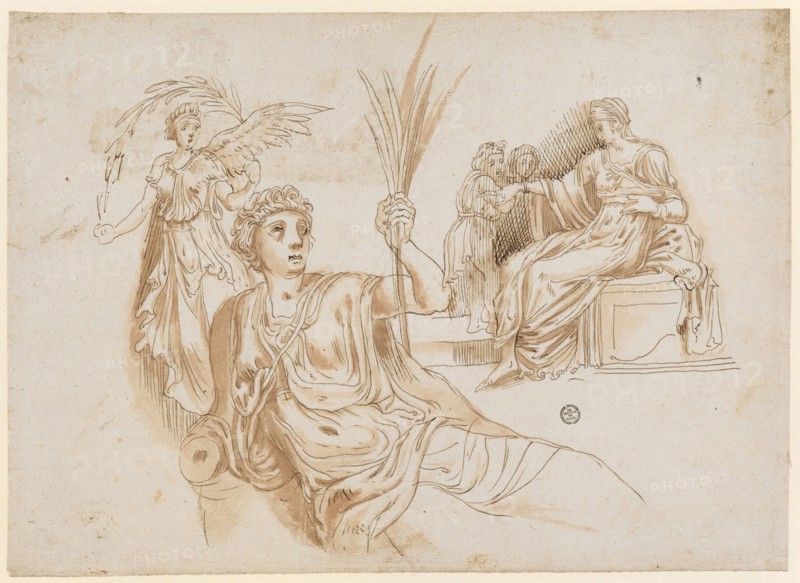 Victoria with laurel branch, knee piece of a reclining nymph, sitting woman, 1541/47, feather in brown, red-brown washed, page: 21.7 x 30.1 cm, verso o. L., designated: S, u, ., l, ., numbered with red chalk: 61, Frans Floris de Vriendt I., Antwerpen 1519/20–1570 Antwerpen
