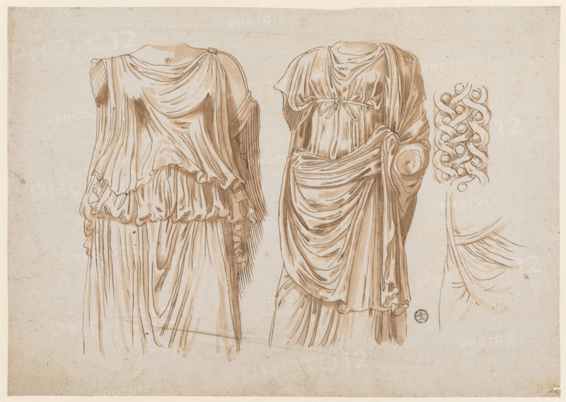 Two torsos of female robed statues, 1541/47, feather in brown, red-brown washed, leaf: 21 x 29.9 cm, verso o. R., numbered with red chalk: 28, Frans Floris de Vriendt I., Antwerpen 1519/20–1570 Antwerpen