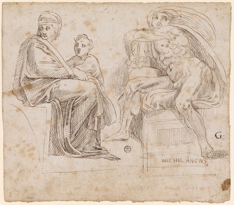 Two sketches after the ceiling fresco Michelangelo in the Sistine Chapel: Seated woman and boy of the ancestors of Christ, slave, 1541/47, feather in brown, on preliminary drawing with red chalk, sheet: 21.4 x 24.3 cm, U. r., designated: MICHIL ANCIVS, r., about: G, o. r., numbered with red chalk: 7 [2?], inscribed on the reverse: anticka, Frans Floris de Vriendt I., (Kopie nach (?) / copy after (?)), Antwerpen 1519/20–1570 Antwerpen