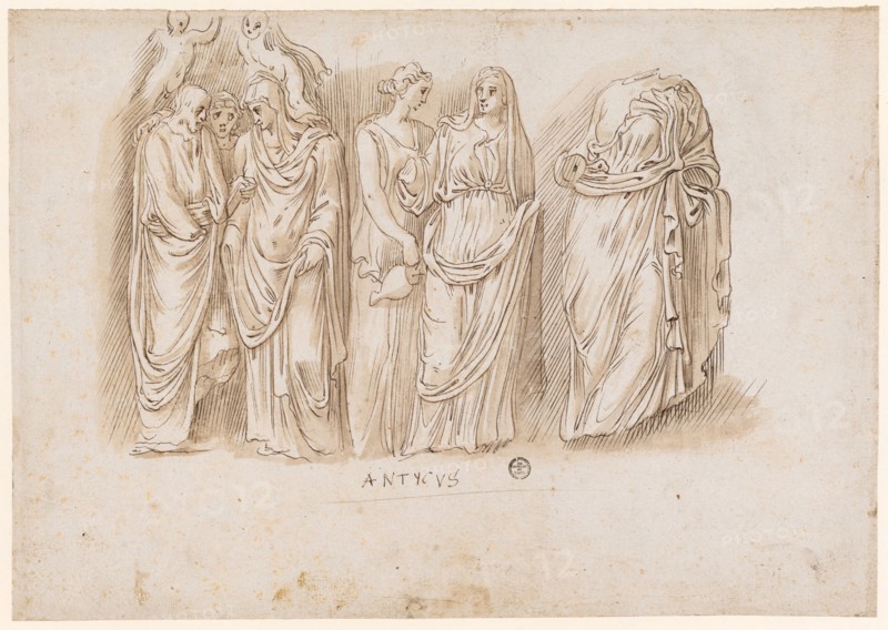 Sarcophagus relief with married couple, Juno Pronuba and Cupids, two walking girls, torso of an Eutrepe, 1541/47, feather in brown, red-brown washed, on verso also red chalk, sheet: 21.2 x 29.9 cm, U. M. inscribed: ANTYCUS, verso l .: antich bij, campedolie, u, ., r .: L, o. r., numbered with red chalk: 12, Frans Floris de Vriendt I., (Kopie nach (?) / copy after (?)), Antwerpen 1519/20–1570 Antwerpen