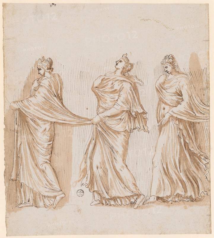 Three nymphs walking to the left, after a relief of the Puteal Albani, 1541/47, feather in brown, red-brown washed, verso sketch with red chalk, sheet: 23.8 x 21.1 cm, verso u., r., designated: M, o. r., numbered with red chalk: 13, Frans Floris de Vriendt I., (Kopie nach (?) / copy after (?)), Antwerpen 1519/20–1570 Antwerpen