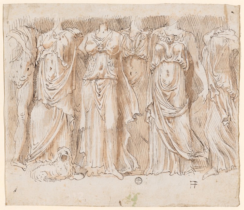 Five female figures, led by a male (Apollo with the Muses?), 1541/47, feather in brown, reddish-brown washed, verso: only pen in brown, leaf: 20.5 x 23.9 cm, U. r., monogrammed: FF, verso u., r., designated: T, o. r., numbered with red chalk: 10, Frans Floris de Vriendt I., (Kopie nach (?) / copy after (?)), Antwerpen 1519/20–1570 Antwerpen