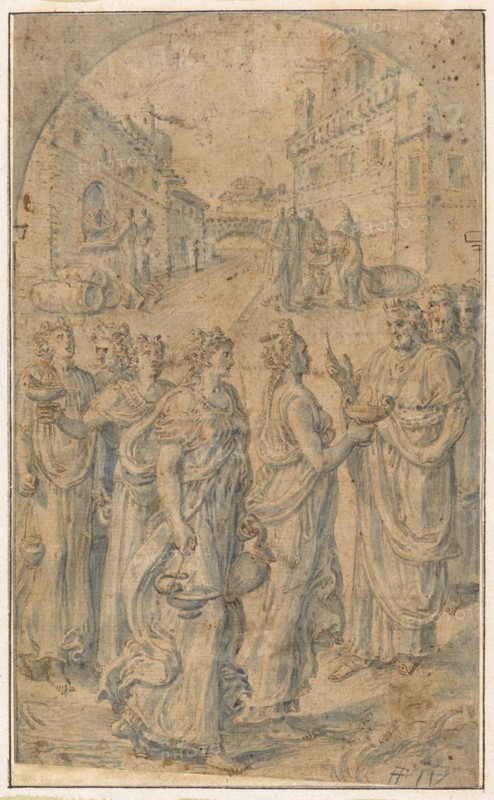 The wise virgins in front of the sky groom, feather in brown, brush in blue, fixed, sheet: 22.3, 23 x 13.8 cm, U. r., Signed in blue with brush: FF IV [= invenit], Frans Floris de Vriendt I., Antwerpen 1519/20–1570 Antwerpen