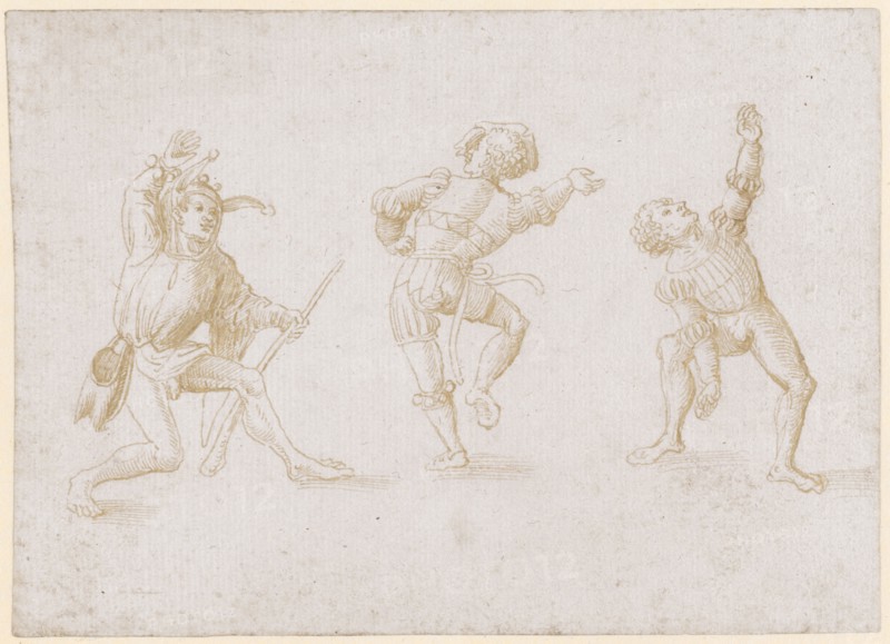 Three Moriscan Dancers, the left dressed as a fool, early 16th C., feather in brown, sheet: 10.6 x 14.7 cm, unsigned, Anonym, Oberrhein, Anfang 16. Jh.