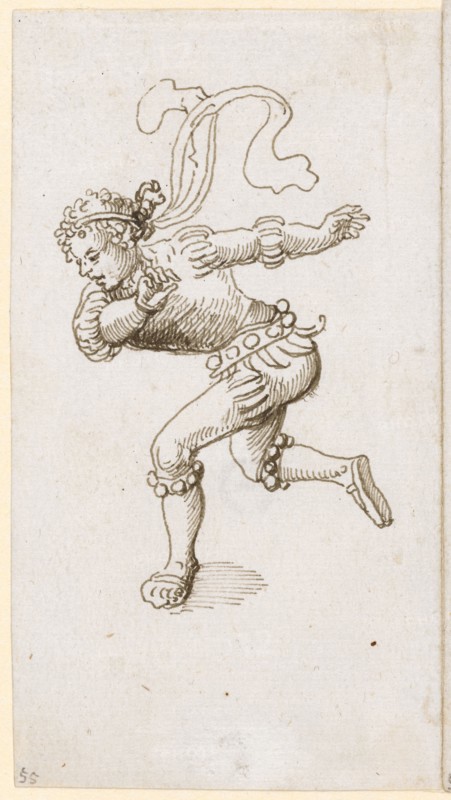 Morisco Dancer, early 16th C., brown feather, sheet: 10.2 x 5.6 cm, unmarked, Anonym, Oberrhein, Anfang 16. Jh.