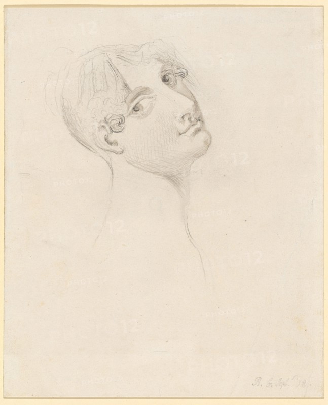 Woman's head, looking over the right shoulder, 1818, pencil, gray wash, mounted, leaf: 22.6 x 18.6 cm, U. r., inscribed and dated in pencil: R. G. [Ramsgate] Septr., 18, Johann Heinrich Füssli, Zürich 1741–1825 Putney Hill b. London