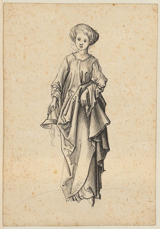 Foolish Virgin, head-on, head down, feather in black, gray wash, sheet: 16.2 x 11.1 cm, not marked, Martin Schongauer, (Nachfolger / follower), Colmar um 1445–1491 Colmar