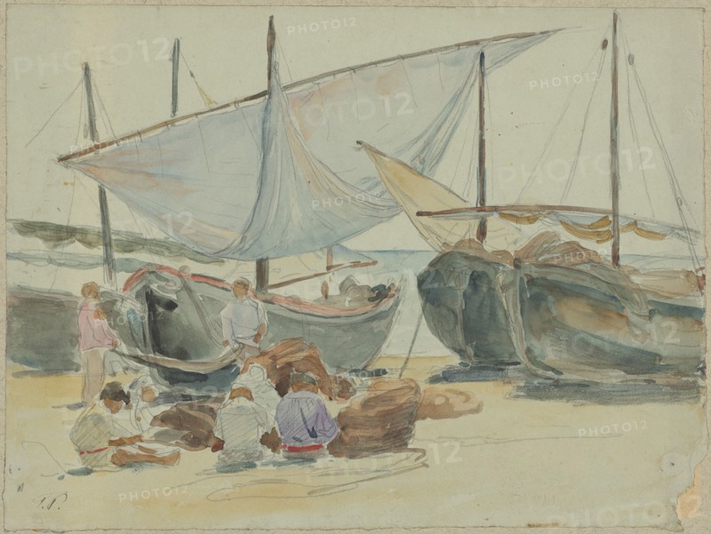 Barks with sails and nets on the beach at Porto d'Anzio, pencil and watercolor on light green paper, sheet: 22.2 x 29.8 cm, U. l., Monogrammed with pen: T.P., Theophil Preiswerk, Basel 1846–1919 Basel