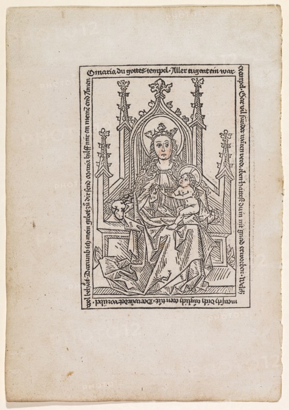 Enthroned Virgin Mary with Child, 2nd half of the 15th century, woodcut, partially colored, page: 30.5 x 21.4 cm |, Picture: 18.8 x 13 cm, inscribed: O maria du gottes., temple., All tugent a, was., Gar vil sinners would be spoiled., would you have bought in nit gnad., Which one does you do?, He would guard against evil., Darumb I send my prayer to you Maria help me to my end Amen, Anonym, Süddeutschland (Augsburg), 2. Hälfte 15. Jh.