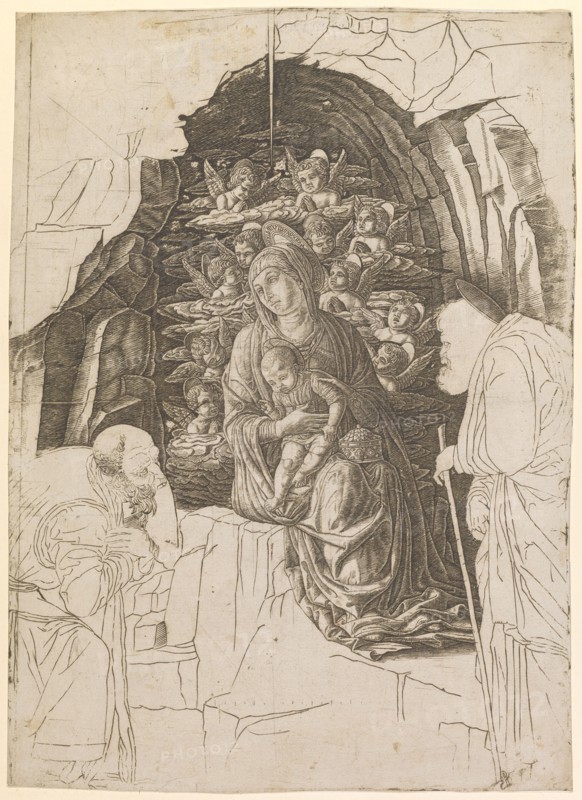 Adoration of the Child in the Cave, Copperplate, Leaf, Picture: 39.2 x 28.5 cm, Not Specified, Andrea Mantegna, (Kopie / copy), Isola Mantegna (ehem. Isola di Carturo) 1431–1506 Mantua
