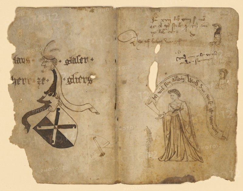 Double sheet with sketches: on the left half a coat of arms, on the right half standing woman with banner, two small figure sketches, middle of 15th cent., feather in brown, on parchment, sheet: 16.2 x 20.7 cm, inscribed with coat of arms: claus., glazier., Sir ., ze., Gliers, r., in the banner: I want ston alone, Wend the world is clean, about it: and an old woman at the sunnen [and other billing notes], Anonym, Schweiz, Mitte 15. Jh.