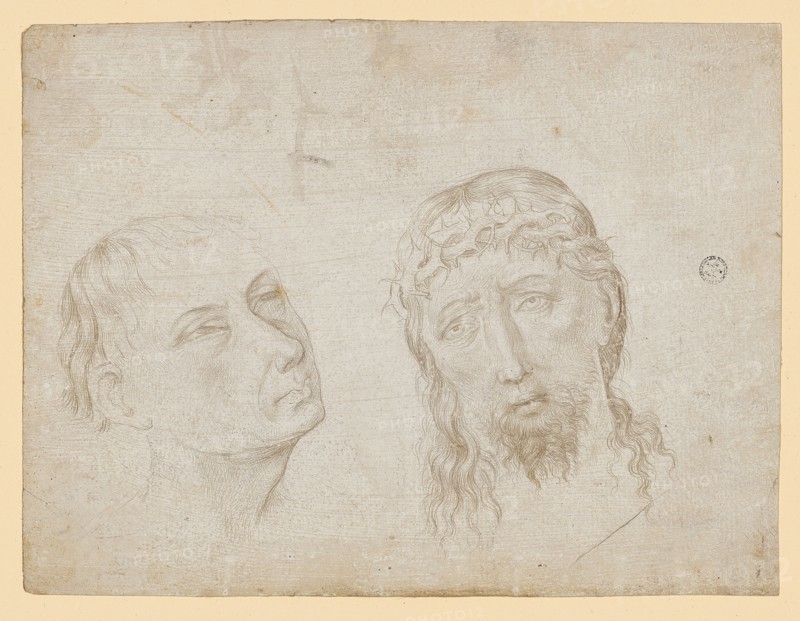 Christ's head with a crown of thorns and the head of a staring man, 2nd half of the 15th century, silver pencil, on both sides white primed paper, sheet: 15.1 x 20 cm, unmarked, Anonym, Niederlande, 2. Hälfte 15. Jh.