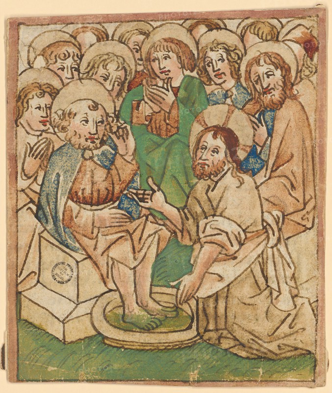 Christ washes Peter's feet, last quarter of the 15th century, feather in brown, green, blue and brown colored, light red border, verso: feather in brown, leaf: 12.5, 13 x 11 cm, verso text fragment with feather in brown, Anonym, Oberrhein (Basel?), letztes Viertel 15. Jh.