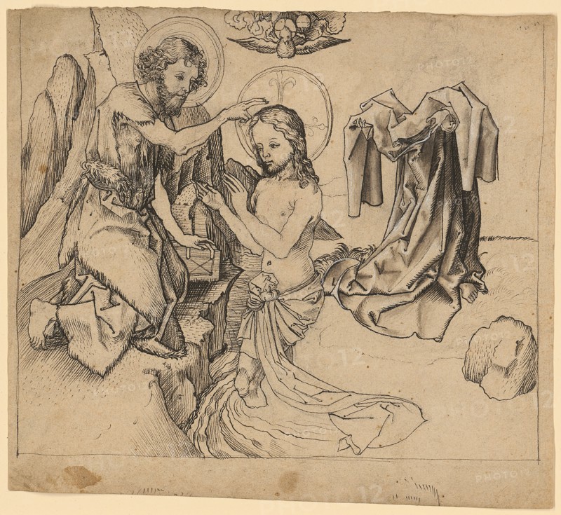 The Baptism of Christ, feather in black, over remains of coal projection, partly gray-brown washed, heightened in white, verso: pen and chalk or charcoal, sheet: 19.2 x 21.7 cm, unsigned, Martin Schongauer, (Kopie nach / copy after), Colmar um 1445–1491 Colmar