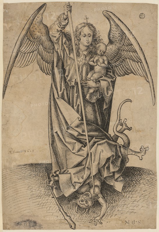 The Archangel Michael above the devil, holding a soul (naked child) in his arms, feather in black, Leaf: 28.9 x 19.5 cm, Unmarked, Martin Schongauer, (Nachfolger / follower), Colmar um 1445–1491 Colmar