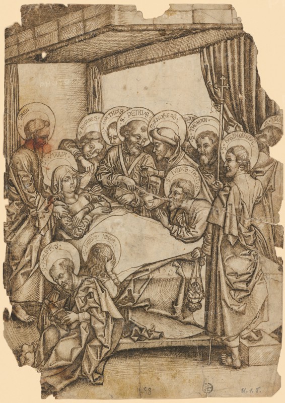 The Death of Mary, 1488, feather in brown, verso: fleeting additions partly with brush in gray, sheet: 28.3 x 20.2 cm, dated U.M .: 1488, in the Nimben inscriptions, Anonym, Oberrhein, 1488