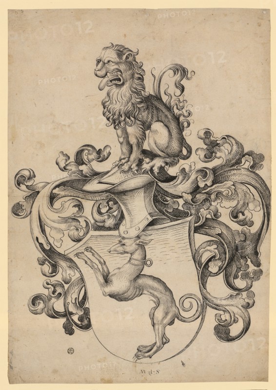 Coat of arms with a leaping greyhound, a sitting lion as a helmet ornament, c. 1500, feather in black, leaf: 41.9 x 29 cm, unmarked, Anonym, Oberrhein (Elsass?), um 1500