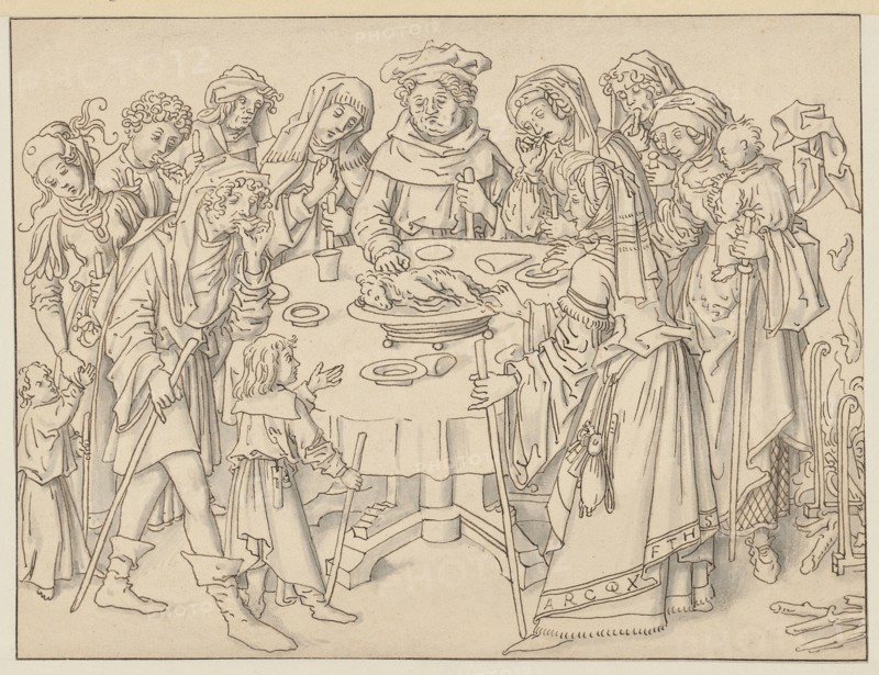 The Passover Mass, early 16th century, feather in brown, washed in gray, bordered with a dark brown line, sheet: 19.2 x 25.6 cm, unsigned, Anonym, Oberrhein (Basel), Anfang 16. Jh.