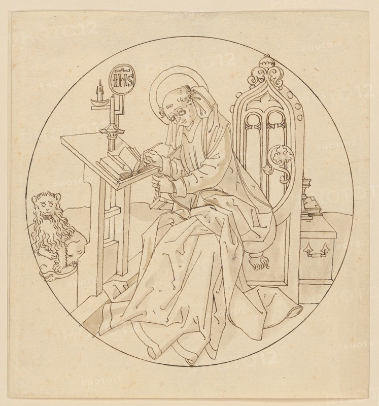 The Evangelist Mark, early 16th century, feather in brown, light gray-brown washed, page: 20 x 18.7 cm |, Picture: 17 cm (diameter), not marked, Anonym, Oberrhein (Basel), Anfang 16. Jh.