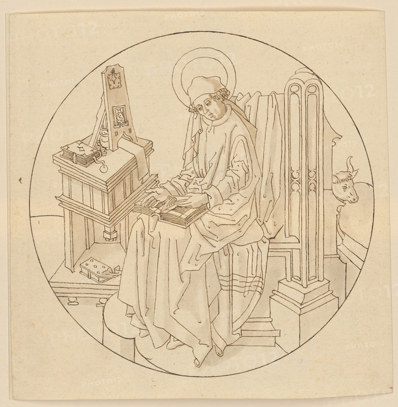 The Evangelist Luke, early 16th century, feather in brown, light gray-brown washed, sheet: 19.1 x 18.8 cm |, Picture: 17 cm (diameter), not marked, Anonym, Oberrhein (Basel), Anfang 16. Jh.