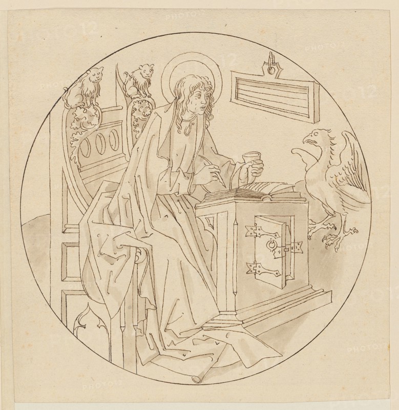 The Evangelist Johannes, beginning of the 16th century, feather in brown, light gray-brown washed, page: 19 x 18.2 cm |, Picture: 17 cm (diameter), not marked, Anonym, Oberrhein (Basel), Anfang 16. Jh.