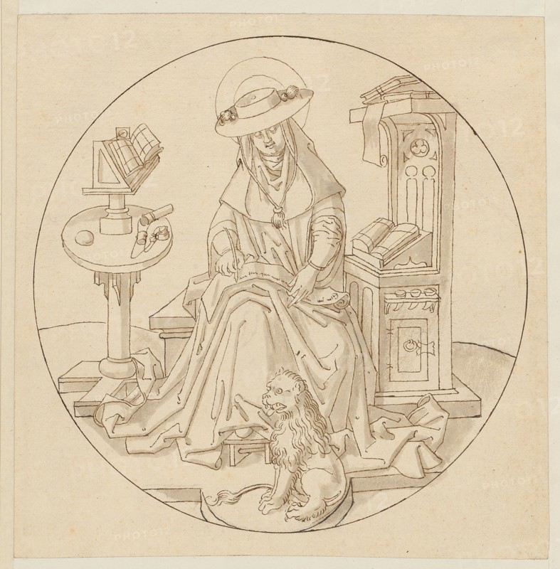 The hl., Hieronymus as church father, beginning of the 16th century, feather in brown, light gray washed, sheet: 18.5 x 18.2 cm |, Picture: 16.8 cm (diameter), not marked, Anonym, Oberrhein (Basel), Anfang 16. Jh.