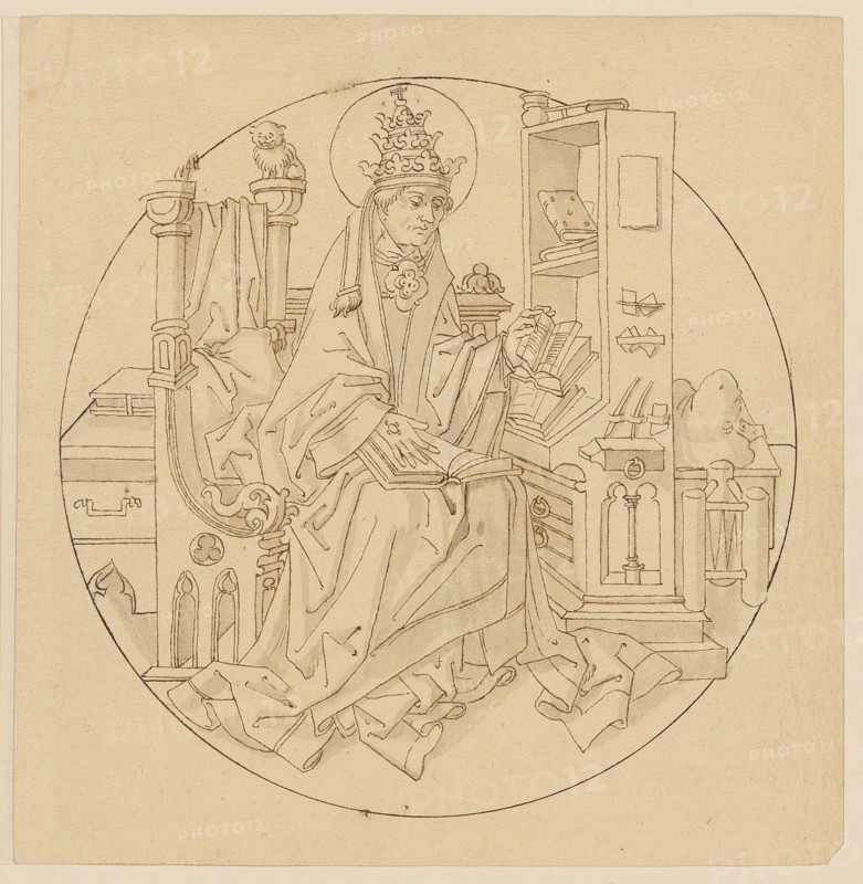 The hl., Pope Gregory as church father, early 16th century, feather in brown, light gray-brown washed, page: 19.3 x 19 cm |, Picture: 16.8 cm (diameter), not marked, Anonym, Oberrhein (Basel), Anfang 16. Jh.