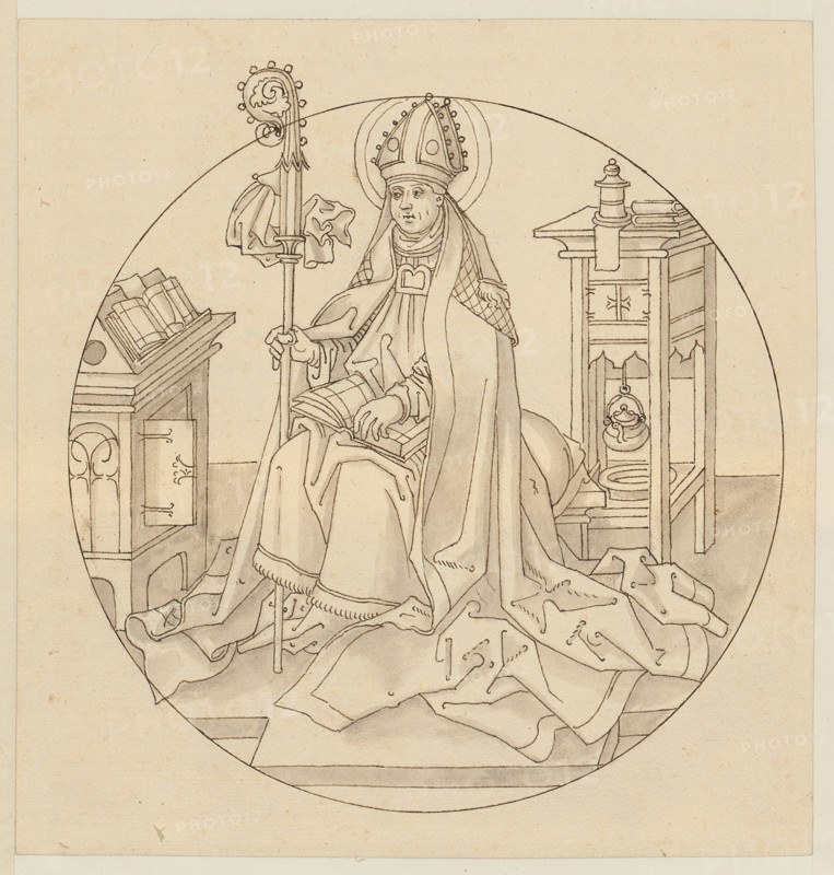 The hl., Ambrose as a church father, early 16th century, quill in brown, light gray washed, page: 19.7 x 18.8 cm |, Picture: 16.8 cm (diameter), not marked, Anonym, Oberrhein (Basel), Anfang 16. Jh.