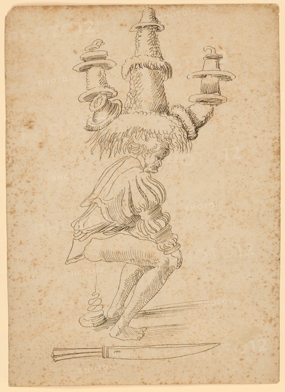 Juggler with Fantastic Hat, Early 16th C., Feather in Dark Brown, Leaf: 22.1 x 15.7 cm, Unmarked, Anonym, Oberrhein (Basel), Anfang 16. Jh.