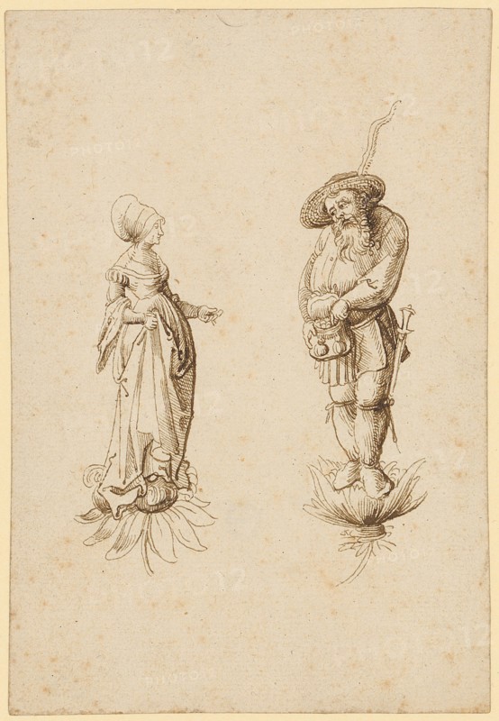 Citizen's wife and farmer (?), Standing on calyx, early 16th c., Feather in brown, folio: 14.9 x 10.2 cm, unsigned, Anonym, Oberrhein (Basel), Anfang 16. Jh.