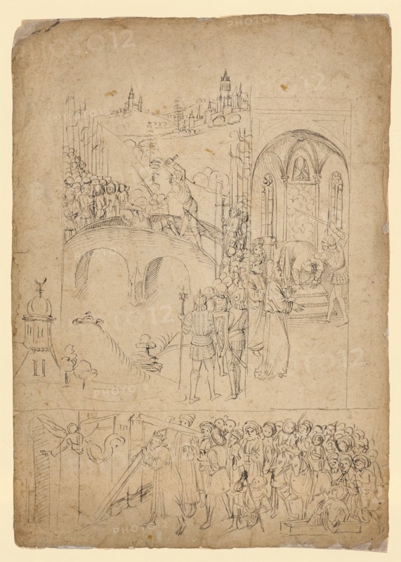 Scenes from the cross legend, late 15th century, feather in black and gray, leaf: approx. 31.8 x 22.5 cm (irregular margins), not referenced, Anonym, Süddeutschland, Ende 15. Jh.