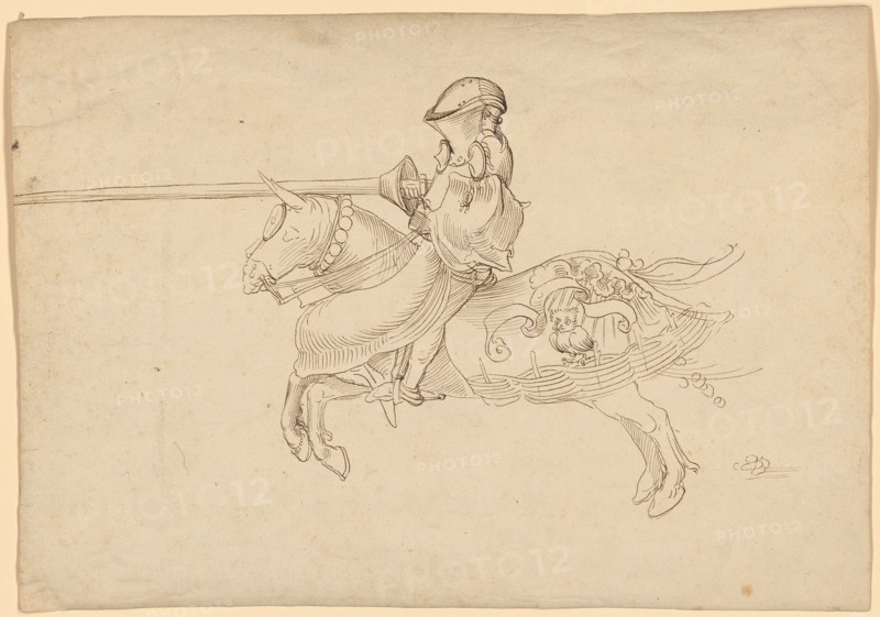 Medieval Knight with Lance, Blasting to the Left, Early 16th C., Feather in Brown, Leaf: 20.4 x 29.1 cm, Unsigned, Anonym, Süddeutschland, Anfang 16. Jh.
