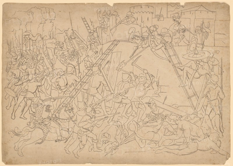 Storming of a Town or Castle, Early 16th C., Feather in Black, Sheet: 22.2 x 31.5 cm, Unmarked, Anonym, Süddeutschland (oder Schweiz?), Anfang 16. Jh.