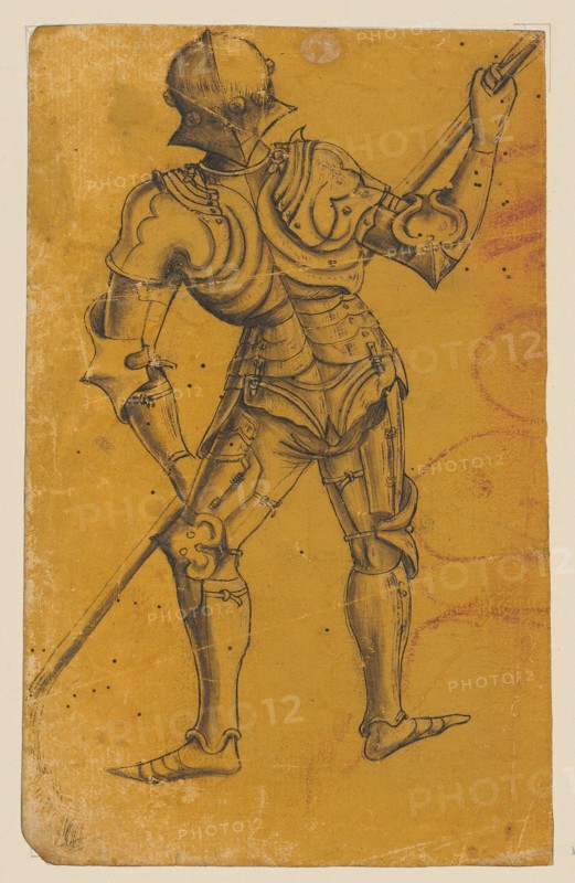 Warrior in heavy armor with lance, seen from the back, 2nd half of the 15th century, feather in black, gray wash, slightly heightened in white, on yellow primed paper, Sheet: 19.3 x 12.2 cm, Unmarked, Anonym, Süddeutschland (Ulm?), 2. Hälfte 15. Jh.