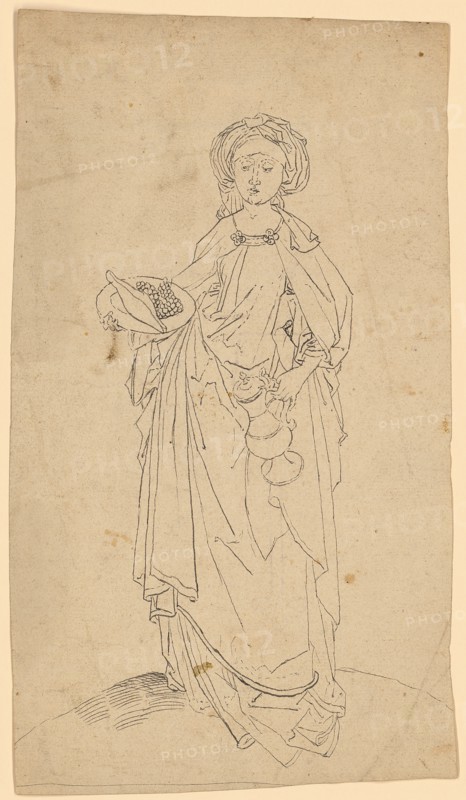 St. Elisabeth, standing, end of the 15th century, feather in black, leaf: 24.6 x 13.9 cm, unsigned, Anonym, Deutschland oder Schweiz, Ende 15. Jh.