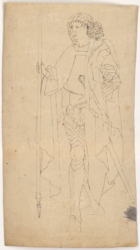 Knight in full armor, walking to the left, late 15th century, feather in black, verso: red chalk, leaf: 25.5 x 14 cm, unsigned, Anonym, Deutschland, Ende 15. Jh.