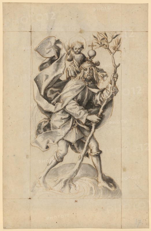 The hl., Christophorus, pen in brown and brush, over traces of chalk outline, gray washed, laminated with Japanese paper, sheet: 31.4 x 20.2 cm, U. M. inscribed with spring in brown: H, Hans Holbein d. Ä., Augsburg um 1460/65–1524