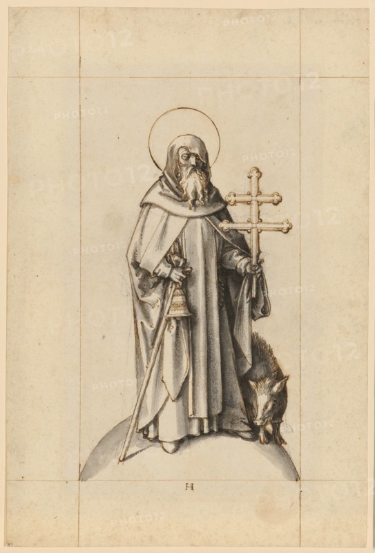 The hl., Antonius, around 1500, quill in brown, over traces of charcoal, gray-washed, sheet: 31 x 20.7 cm, U. M. inscribed with pen in brown: H, on the bell: HOLPAIN, Hans Holbein d. Ä., Augsburg um 1460/65–1524