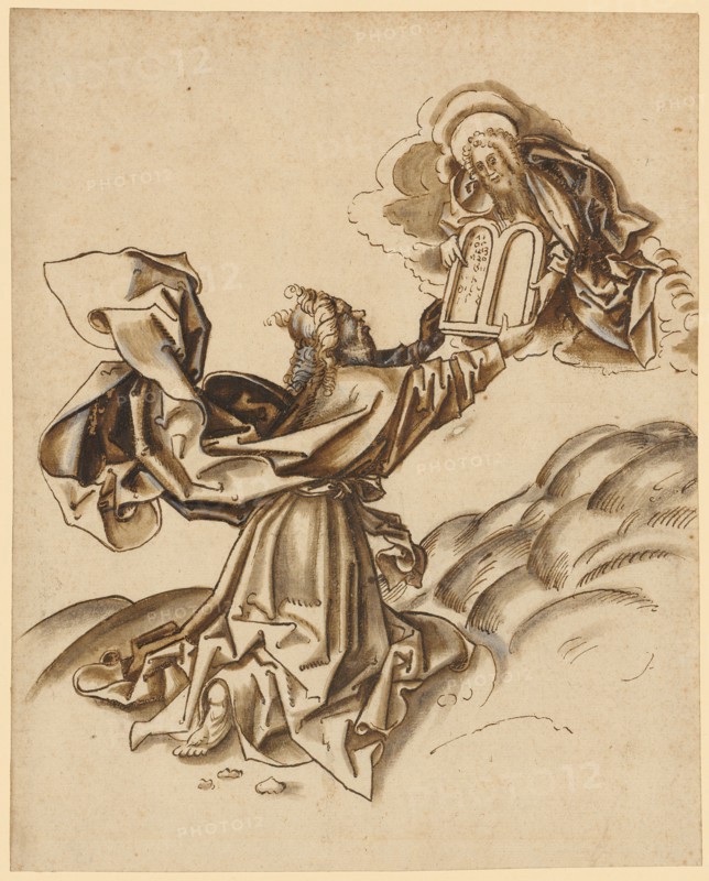 Moses receives the tablets of the law, c. 1490, pen in brown, brown and gray washed, heightened with white, leaf: 25.7 x 20.6 cm, unsigned, Hans Holbein d. Ä., (Werkstatt / workshop), Augsburg um 1460/65–1524