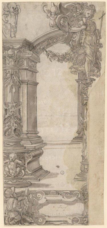 Left half of a disc crack with Fides, around 1575/76, feather in black, brush in gray, gray washed, remains of a preliminary drawing with black pencil, irregular cut out, completely wound up, leaf: 41.3 x 15.8 cm, 19 cm, U. in the, Monogrammed gray ink cartridge: H, (0029) chrome-error: // chromewebdata /, Hans Brand, (?), Basel 1552–1577/78 (?) Basel