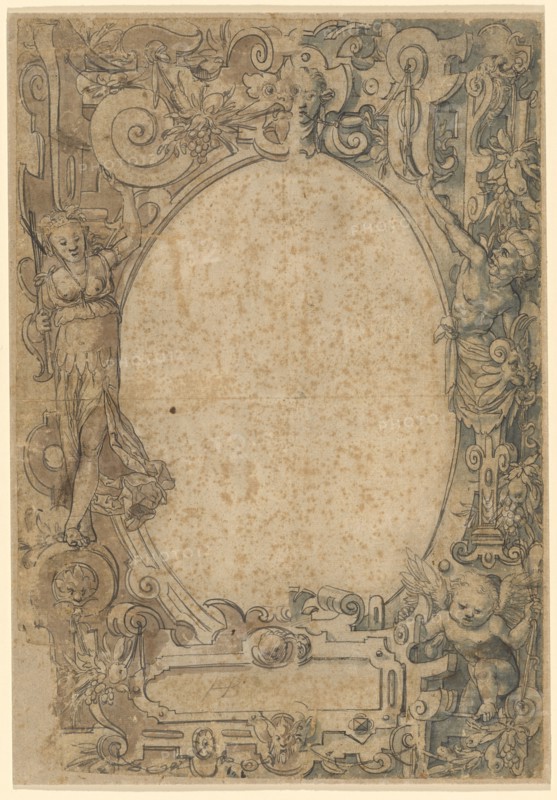 Broken glass with an oval frame and empty middle picture, feather (brush?) In dark gray, brown (left) and blue (right) washed, mounted on cardboard, sheet: 39.5, 40 x 27.8 cm, U. Monogrammed in gray with gray paintbrush, : HB [lig.], Hans Brand, Basel 1552–1577/78 (?) Basel