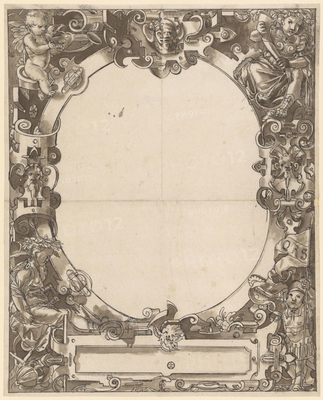 Broken glass with oval frame and empty middle picture, feather in black, brown washed, sheet: 38.4 x 31 cm |, Image: 37.5 x 30.1 cm, Not marked, Hieronymus Vischer, (?), Basel 1564–1630 Basel, Hans Brand, (Kopie nach (?) / copy after (?)), Basel 1552–1577/78 (?) Basel